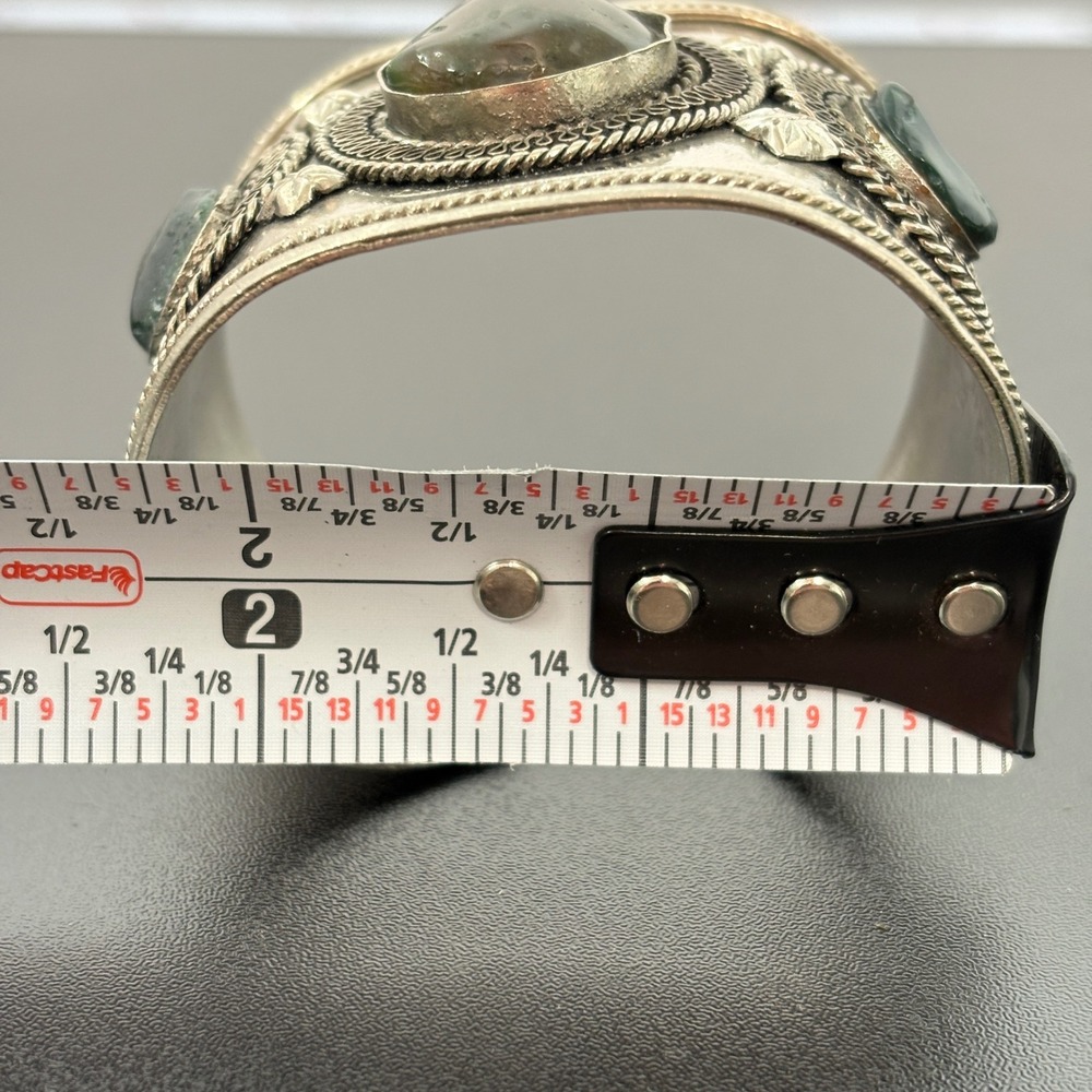 Unbranded Women Cuff Bracelet OS Silver Green‎ Moss Agate Filigree Vintage Style - Picture 10 of 13